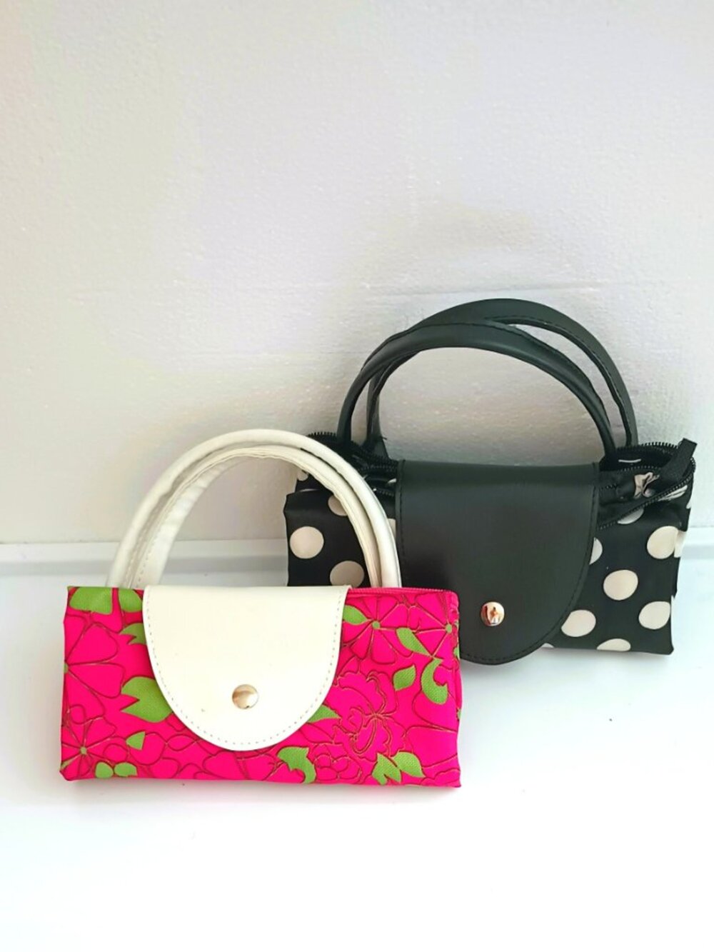 2 Packable Snap Tote Bag Foldable Top Zip Pink Floral & Black Polka Dot